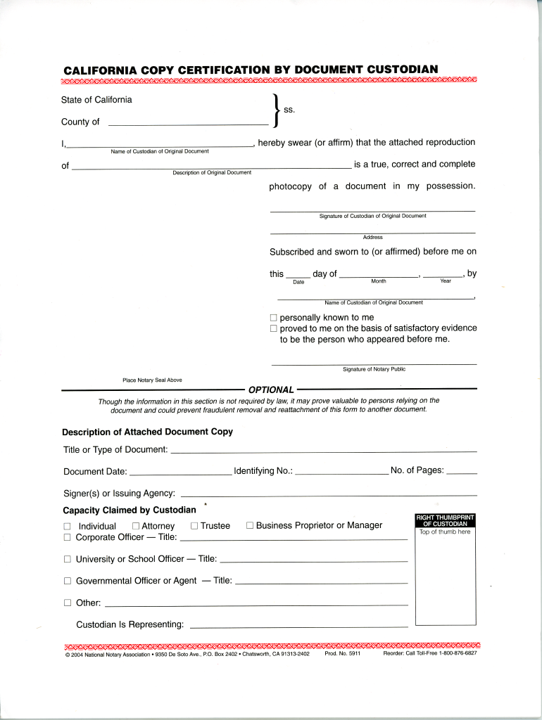Custodian Certificate  Form