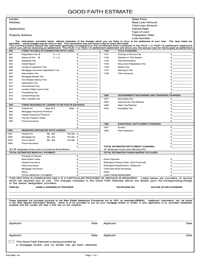 Good Faith Estimate  Form