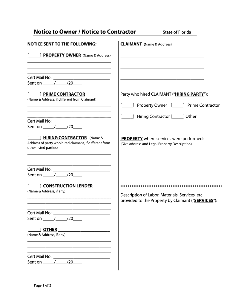 Notice to Owner Florida  Form