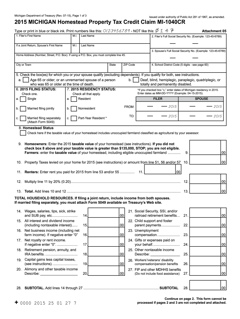 Michigan Homestead Property Tax Credit Claim MI 1040CR  Michigan Homestead Property Tax Credit Claim MI 1040CR  Michi  Form
