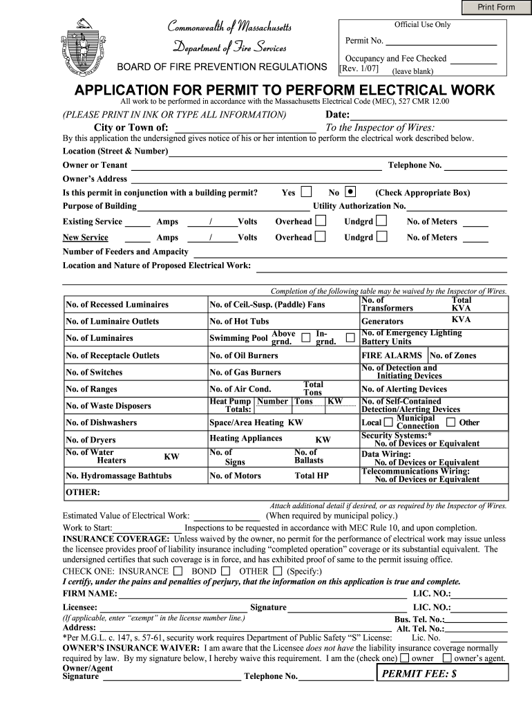 Get and Sign Mass Electrical Permit PDF 2007-2022 Form