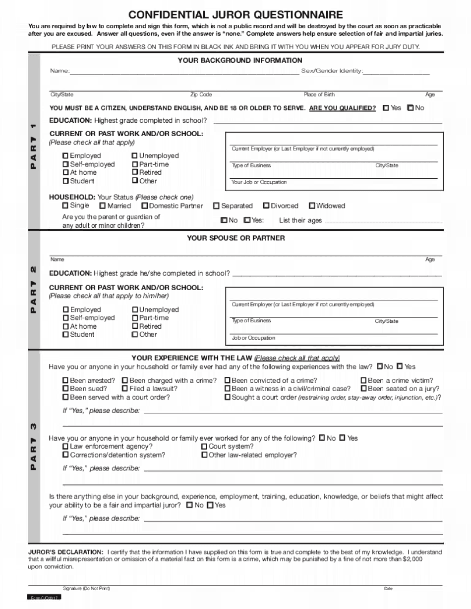 Fillable Confidential Juror Questionnaire  Form