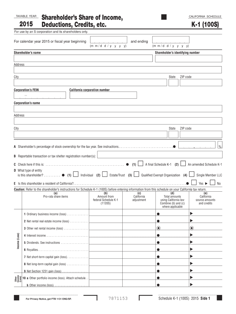  Online Ftb State of Ca Schedule K 1 for S Corp Form 2019