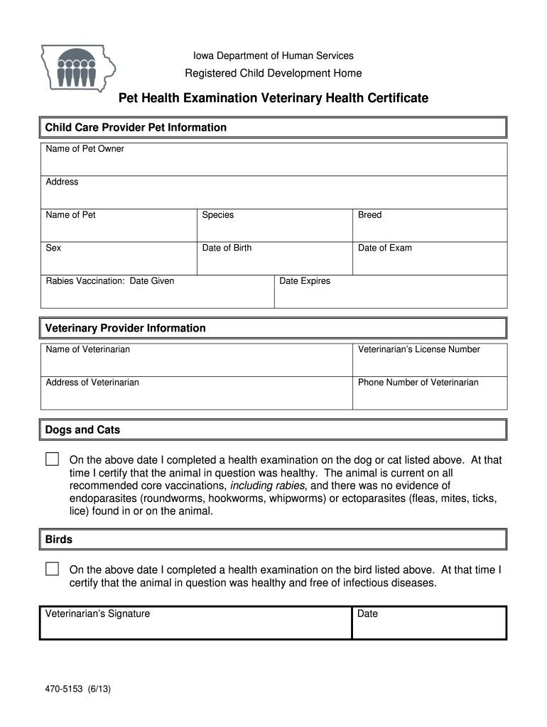 470 5153 Pet Health Examination Veterinary Health Certificate Dhs Iowa 2013
