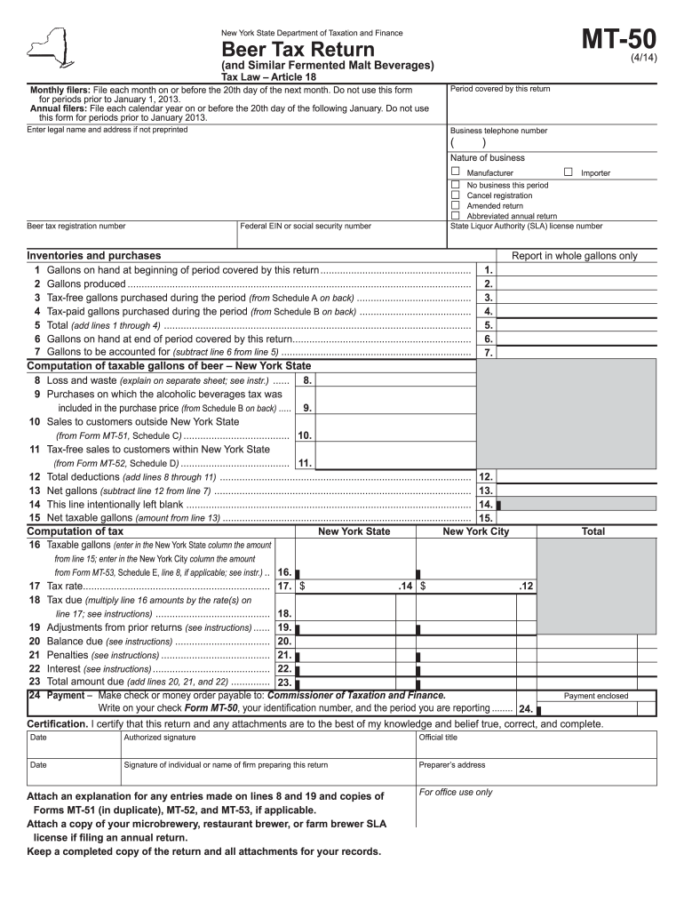 Form MT 50414 Beer Tax Return and Similar Fermented Malt    Tax Ny