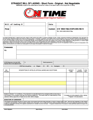 Bill of Lading Short Form Not Negotiable