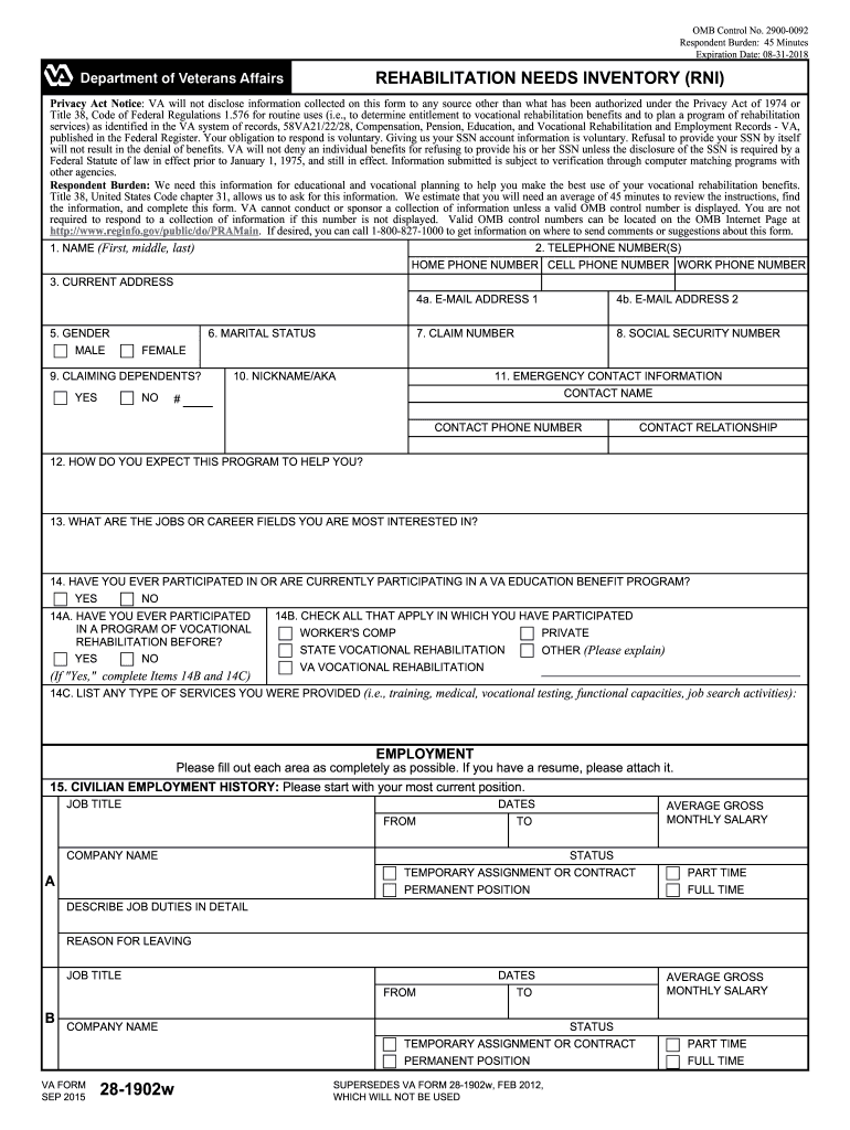  Va Form 28 1902 W 2015