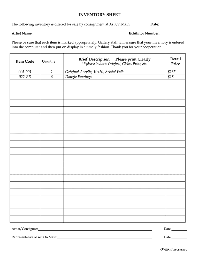 Consignment Inventory Tracking Spreadsheet  Form