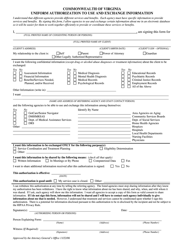  Commonwealth of Virginia Uniform Authorization to Use and Exchange Information 2006