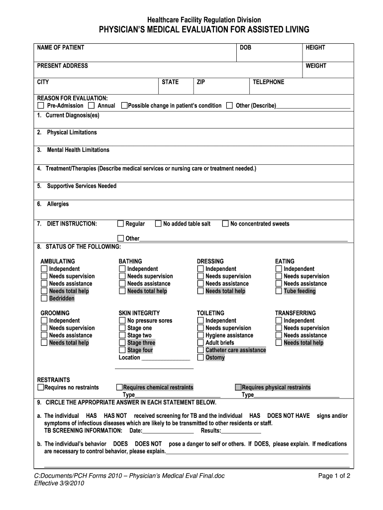 Physician's Medical Evaluation for Assisted Living  Form