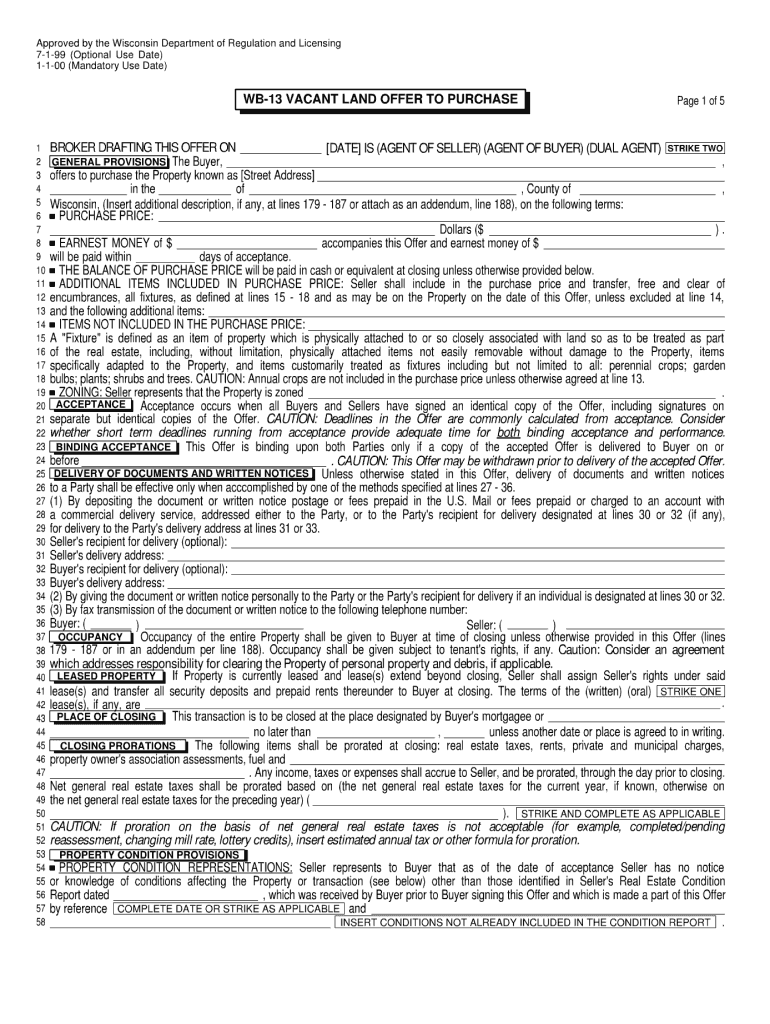  Wb 13 Vacant Land Offer to Purchase Form 2000