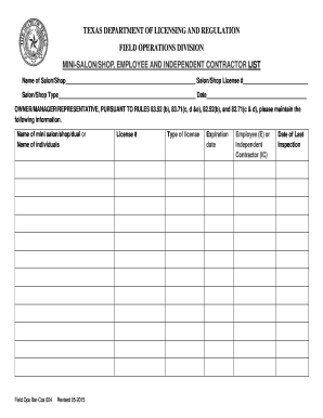 Mini SalonShop, Employee and Independent Contractor List TdLR  Form