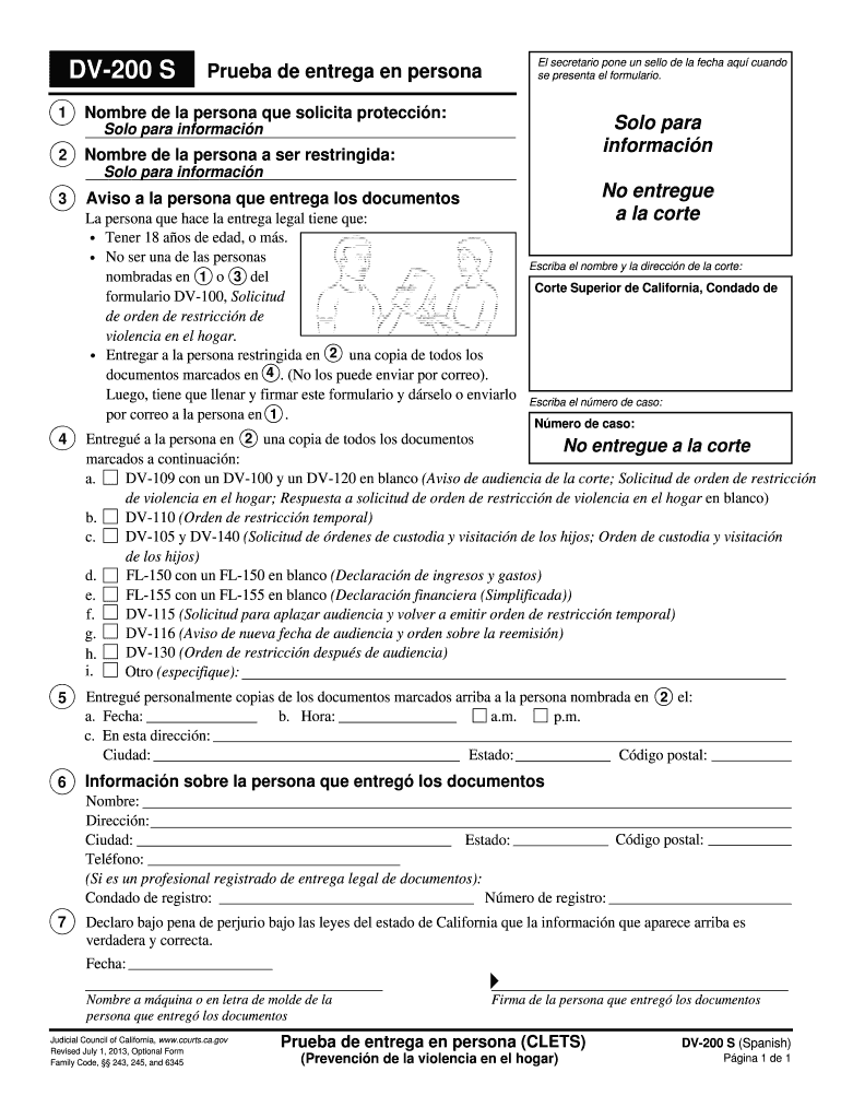  DV 200 Proof of Personal Service CLETS Spanish Judicial Council Forms Courts Ca 2013