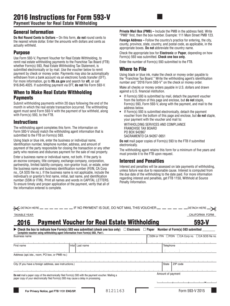 Form 593 V  Payment Voucher for Real Estate Withholding  Ftb Ca