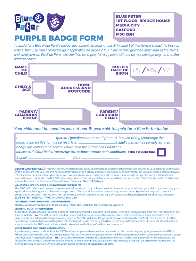 Blue Peter Purple Badge Application Form