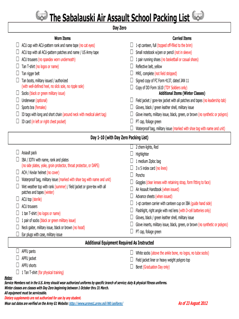 Air Assault Packing List  Form