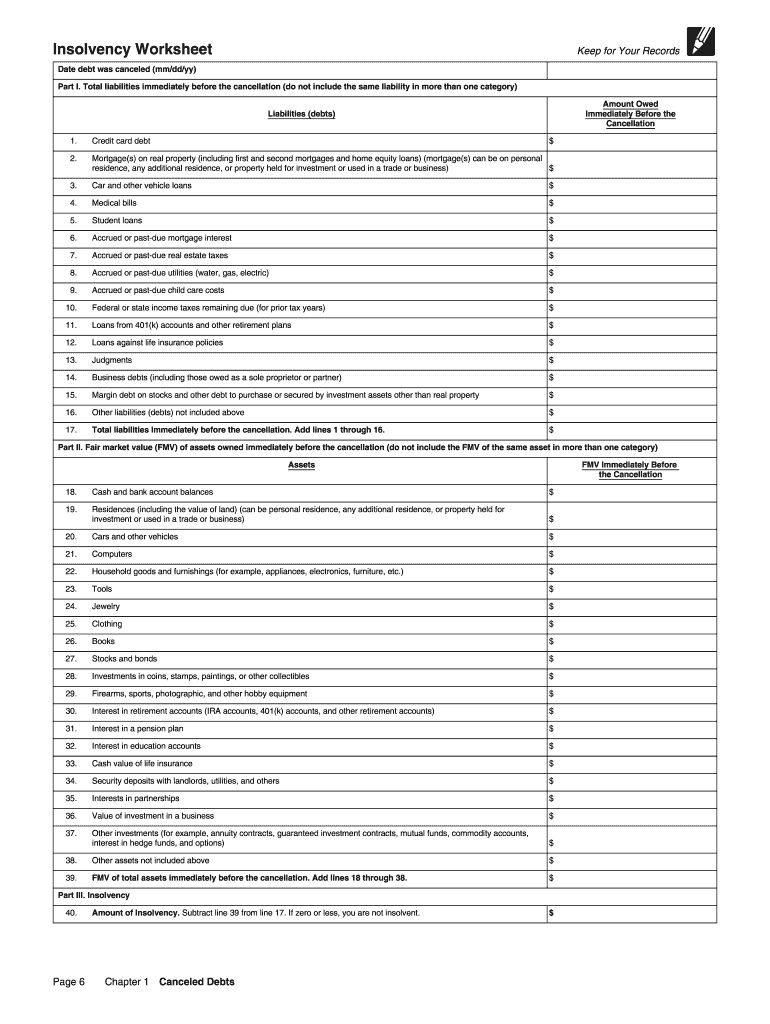 Insolvency Worksheet Fillable PDF  Form