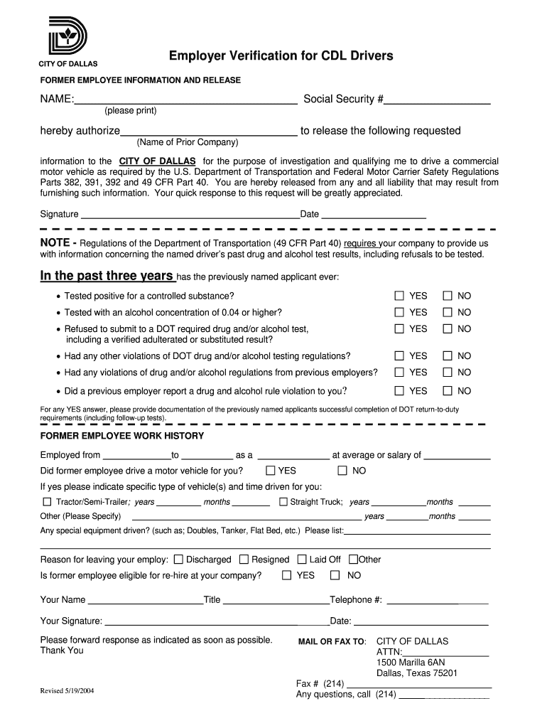 Employment Verification Form for Cdl Drivers 2004-2024