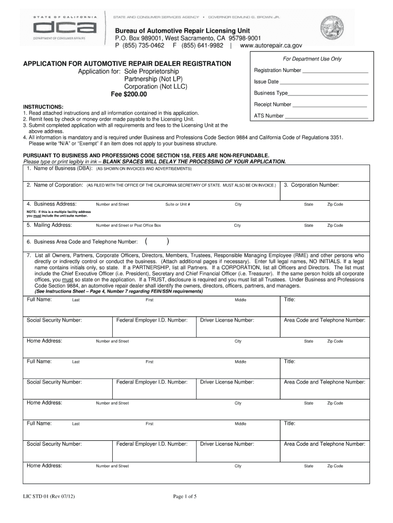 Application Automotive Repair  Form