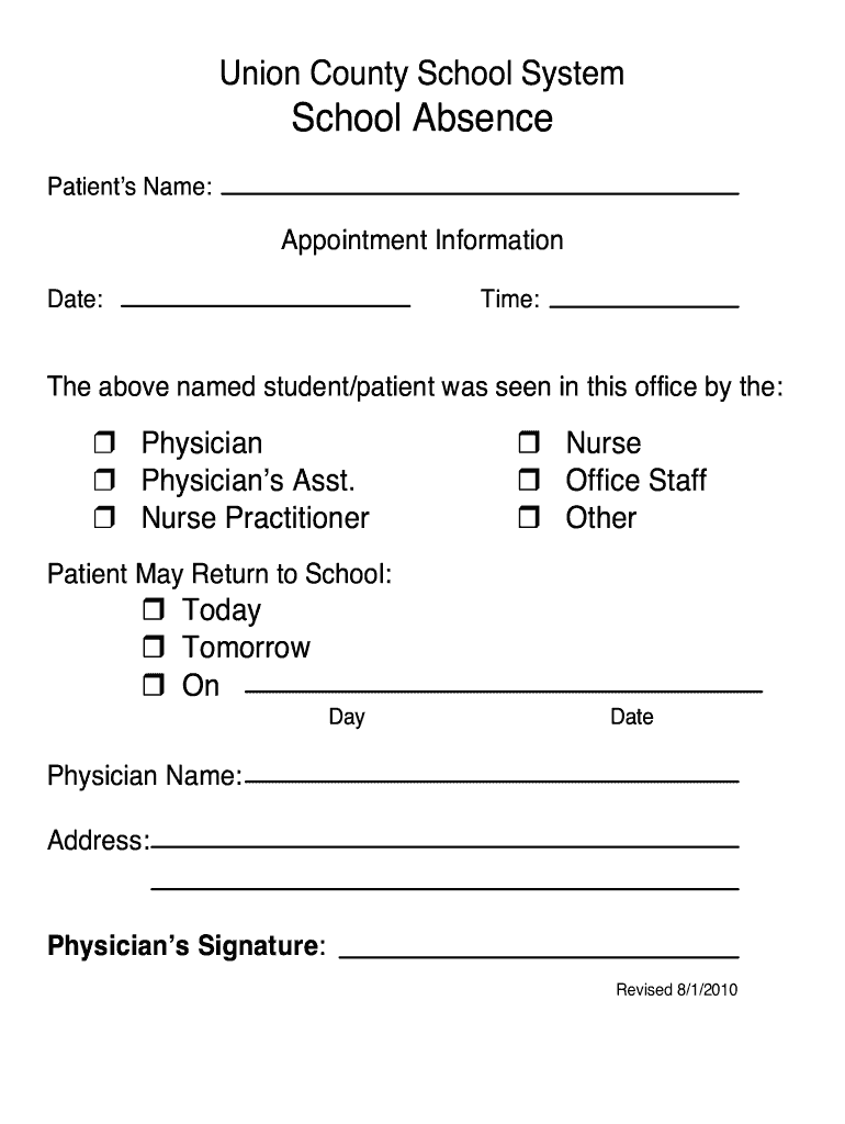 Doctors Note for School  Form