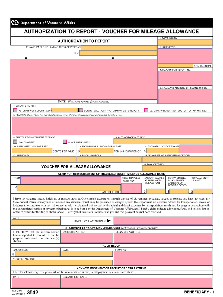  Va Form Authorization Mileage 1992