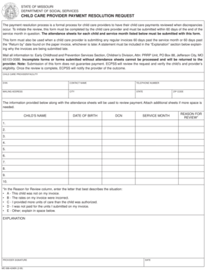 Missouri Child Care Provider Payment  Form