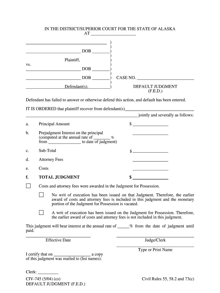 CIV 745 Default Judgment FED 504  Form