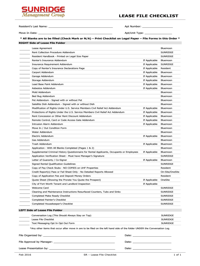 Lease File Checklist  Form