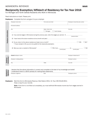  MWR, Reciprocity ExemptionAffidavit of Residency Mn 2016