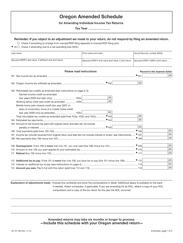  Oregon Amended Schedule  Form 2014