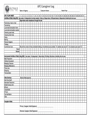 AFC Caregiver Log Name of Agency Consumer Name MonthYear AFC FLOW SHEET 1 2 3 4 5 6 7 8 9 10 11 12 13 14 15 16 17 18 19 20 21 22  Form