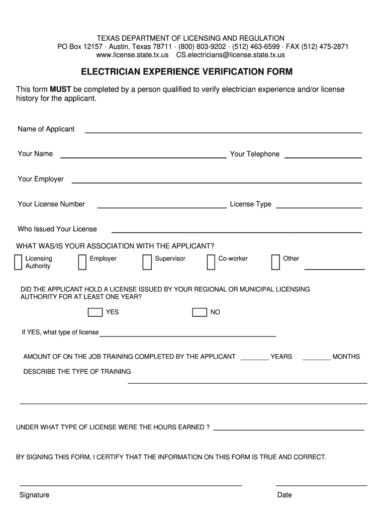  Electrical Hours Verification Form 2019