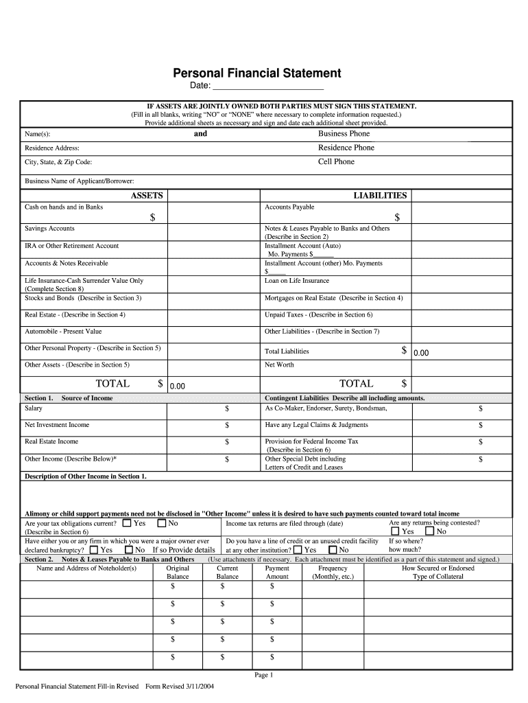  Fill in Personal Financial Statement 2004-2024