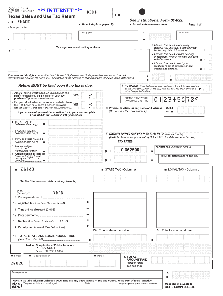 Get and Sign 01 114 Texas Sales and Use Tax Return Texas Comptroller of Window State Tx 2019-2022 Form
