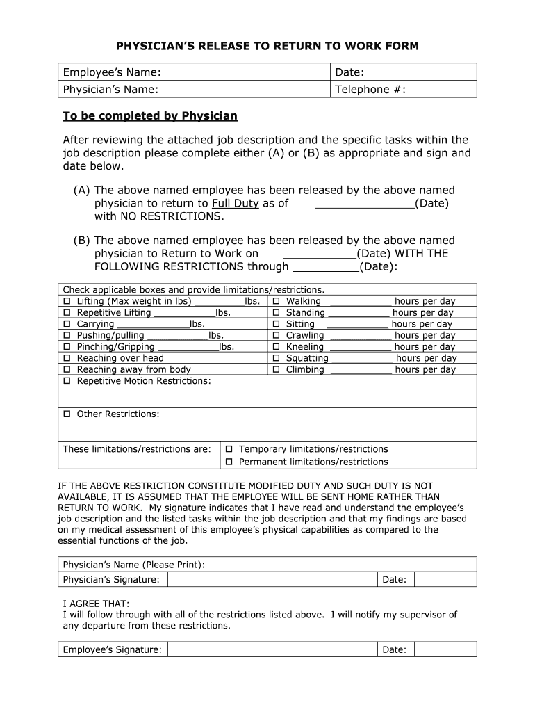 Physician S Release to Return to Work Form