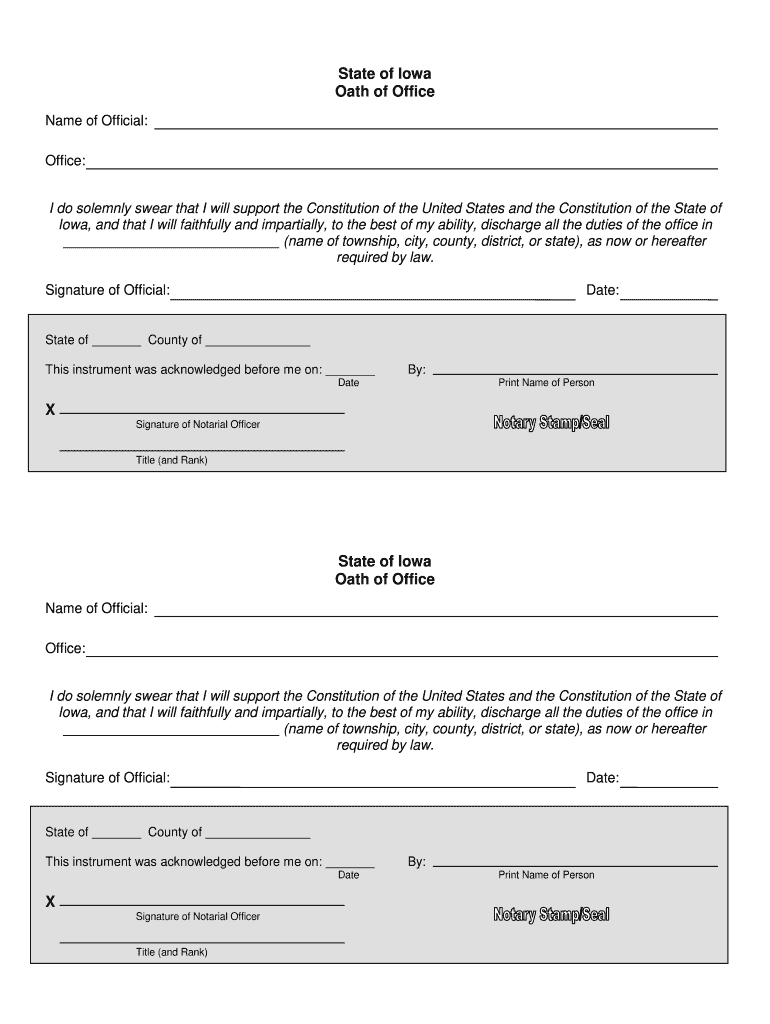 Iowa Secretary of State Oath of Office Form