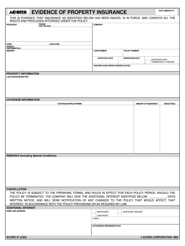 EVIDENCE of PROPERTY INSURANCE NH Gov  Form