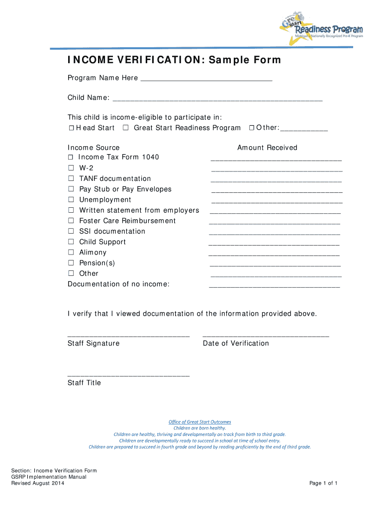  Fillable Income Verification Form 2014