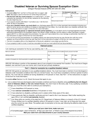 Disabled Veteran or Surviving Spouse Exemption Claim, 150 303 086 Oregon  Form