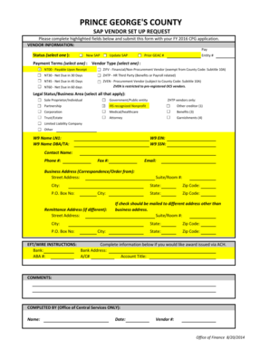 SAP VENDOR SET UP REQUEST Princegeorgescountymd  Form