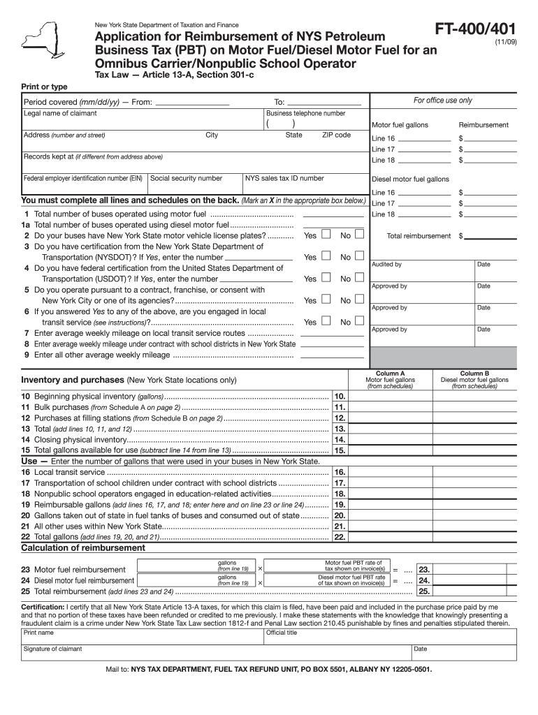  Form FT 4004011109 Application for Reimbursement of NYS Tax Ny 2009
