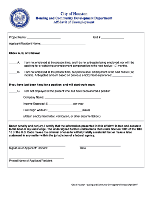 Affidavit of Unemployment  Form