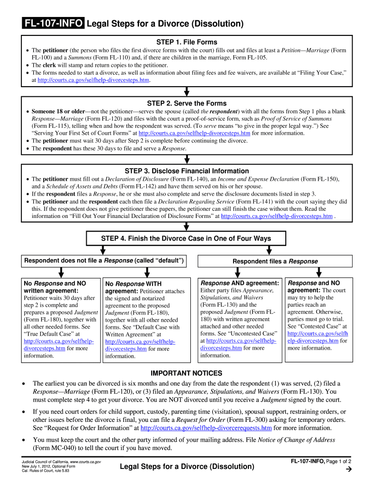  FL 107 INFO Legal Steps for a Divorce Dissolution Judicial Council Forms 2012