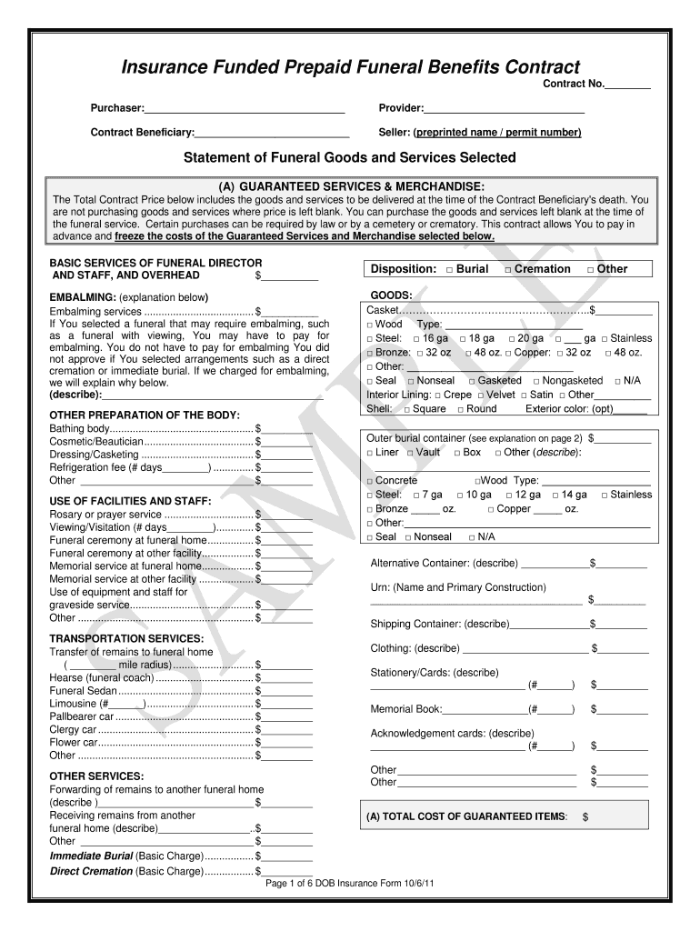 Insurance Funded Prepaid Funeral Benefits Contract  Dob Texas  Form