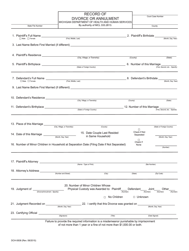 Get and Sign Record of Divorce Michigan 2015-2022 Form
