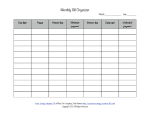Monthly Bill Organizer PDF  Form