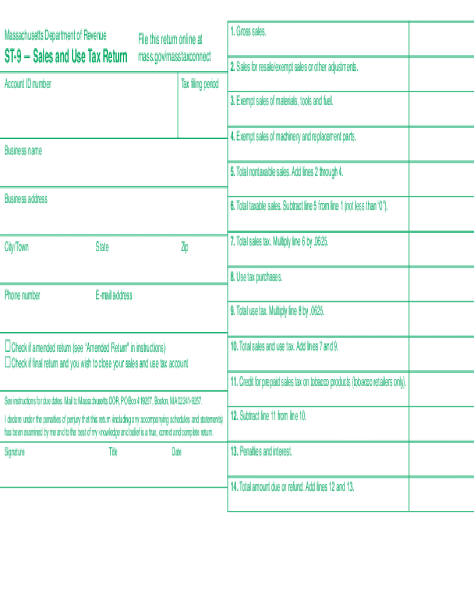  ST 9 Sales and Use Tax Return Mass 2016-2024