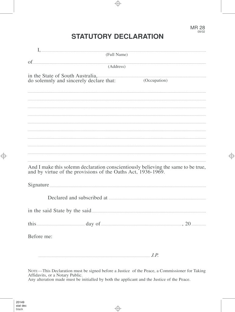 Statutory Declaration Sa Word Document  Form