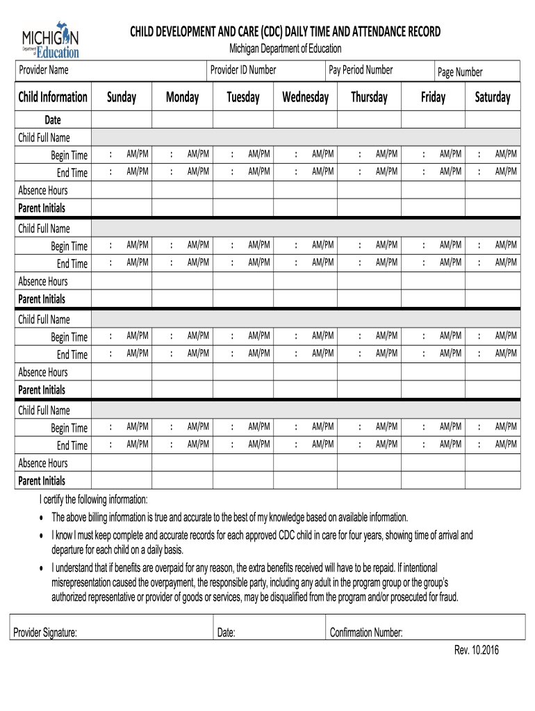  CDC Daily Time and Attendance Form CDC Provider Child Care TimeAttendance Record Michigan 2015