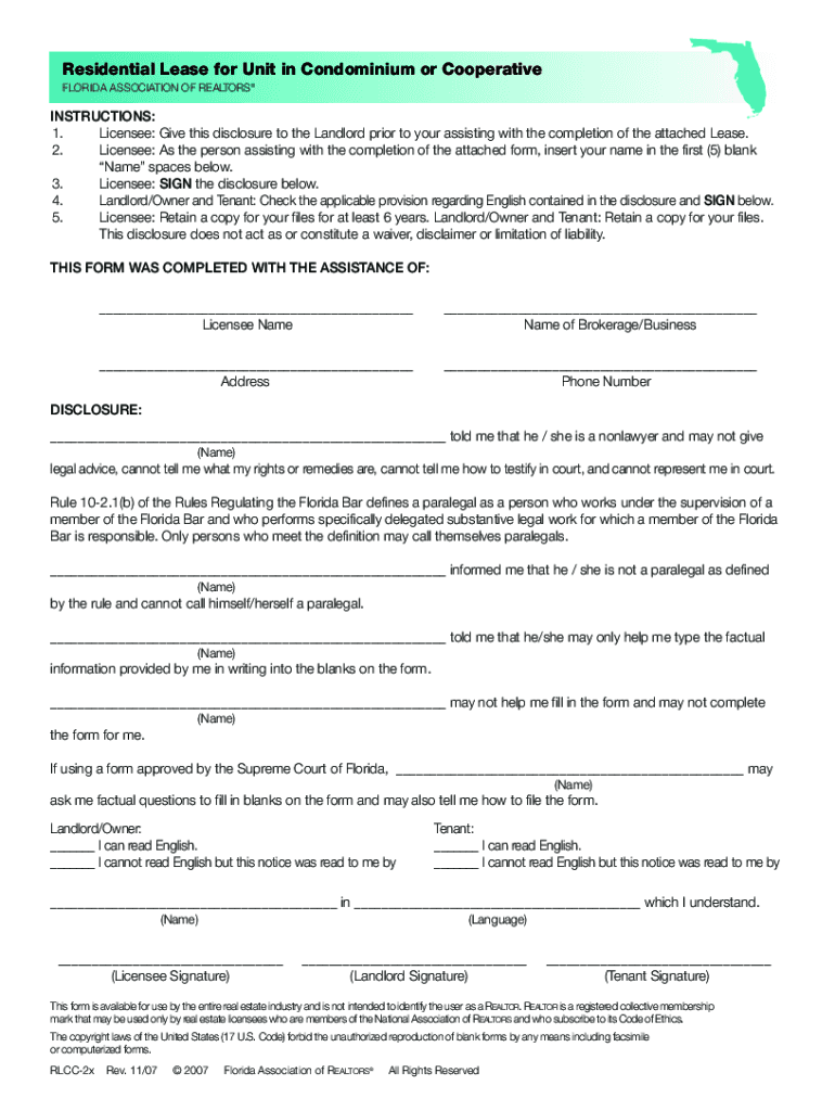 Residential Lease for Unit in Condominium or Cooperative  Form